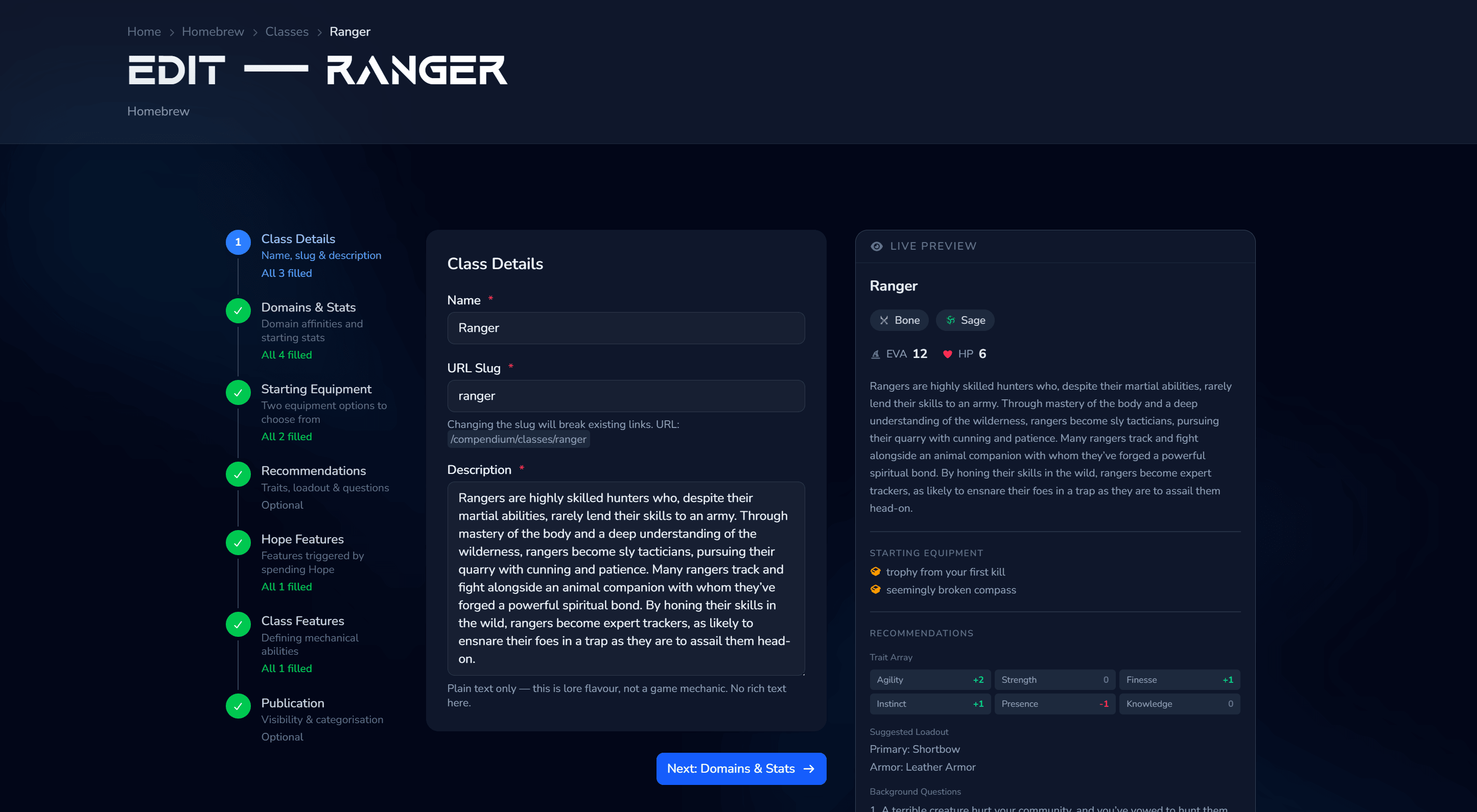 DaggerSmart homebrew class creation form with a guided multi-step wizard and live preview panel