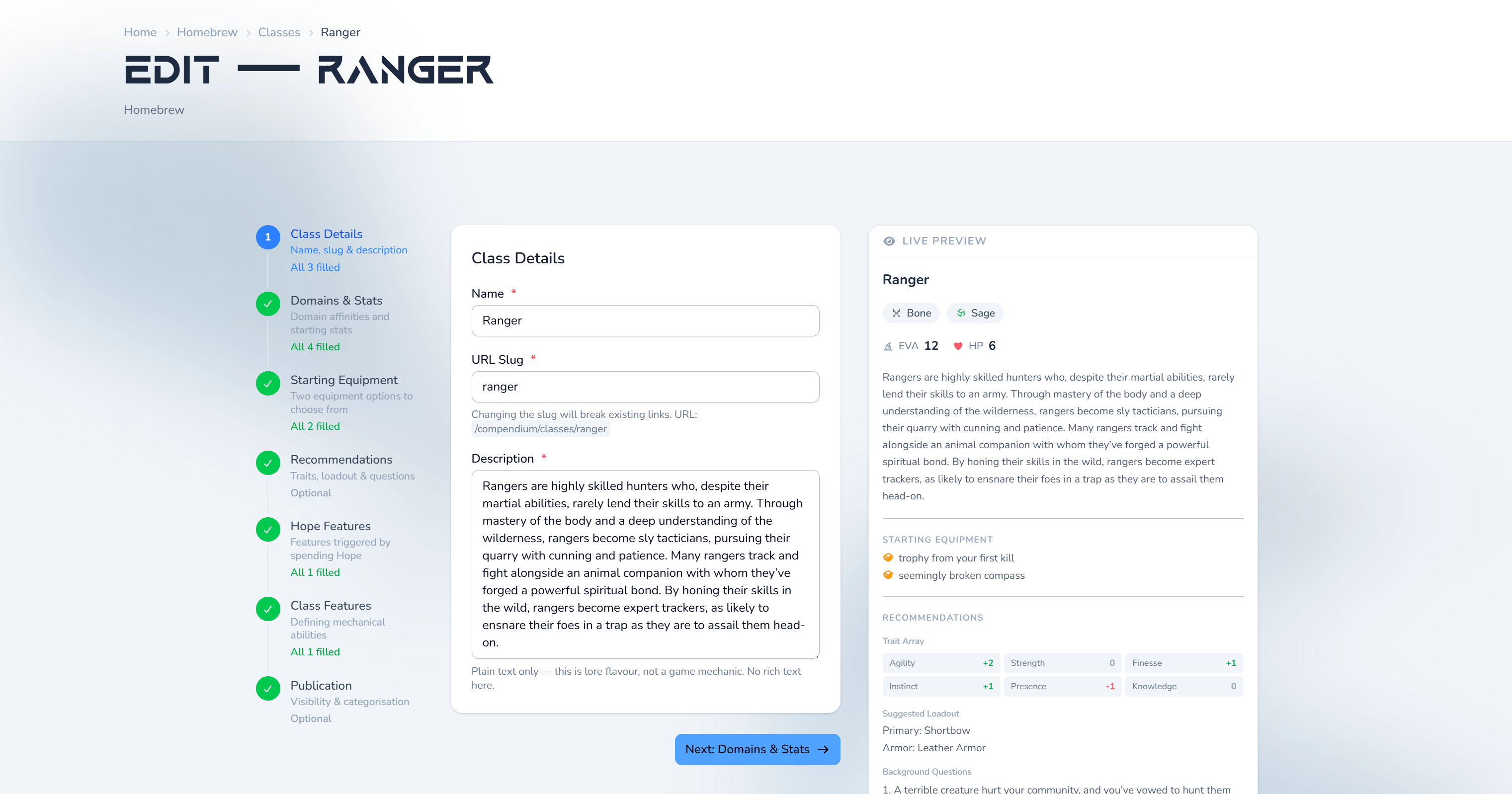 DaggerSmart homebrew class creation form with a guided multi-step wizard and live preview panel
